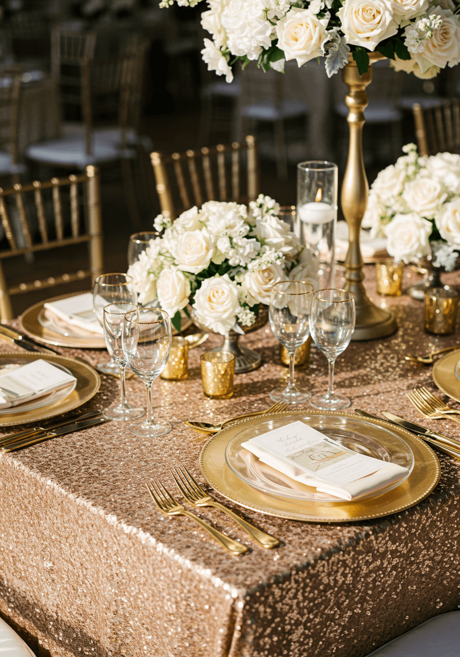 Elaborate champagne gold wedding tablescape with metallic charger plates and towering floral centrepieces