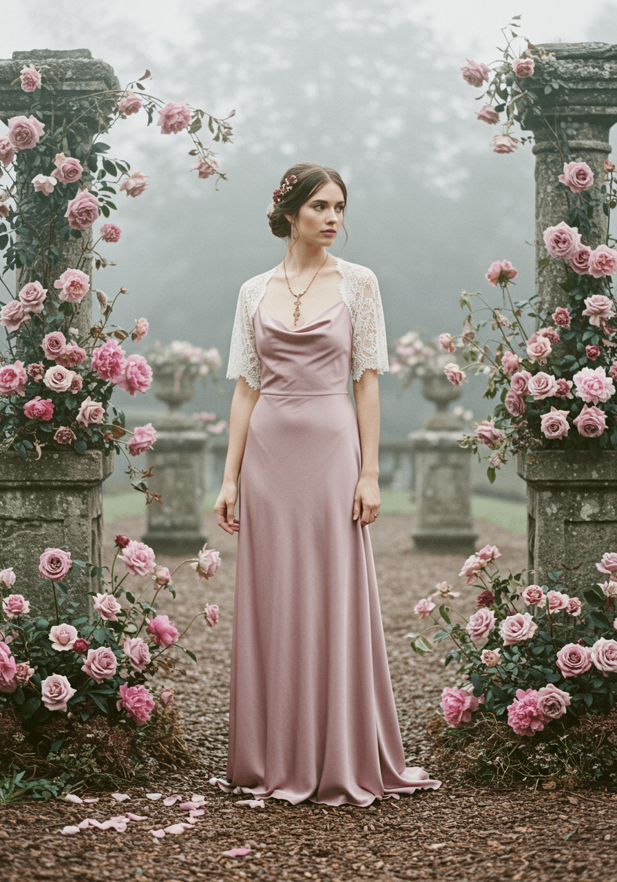 Bride in flowing dusty rose silk wedding dress in misty garden surrounded by blush peonies and mauve roses