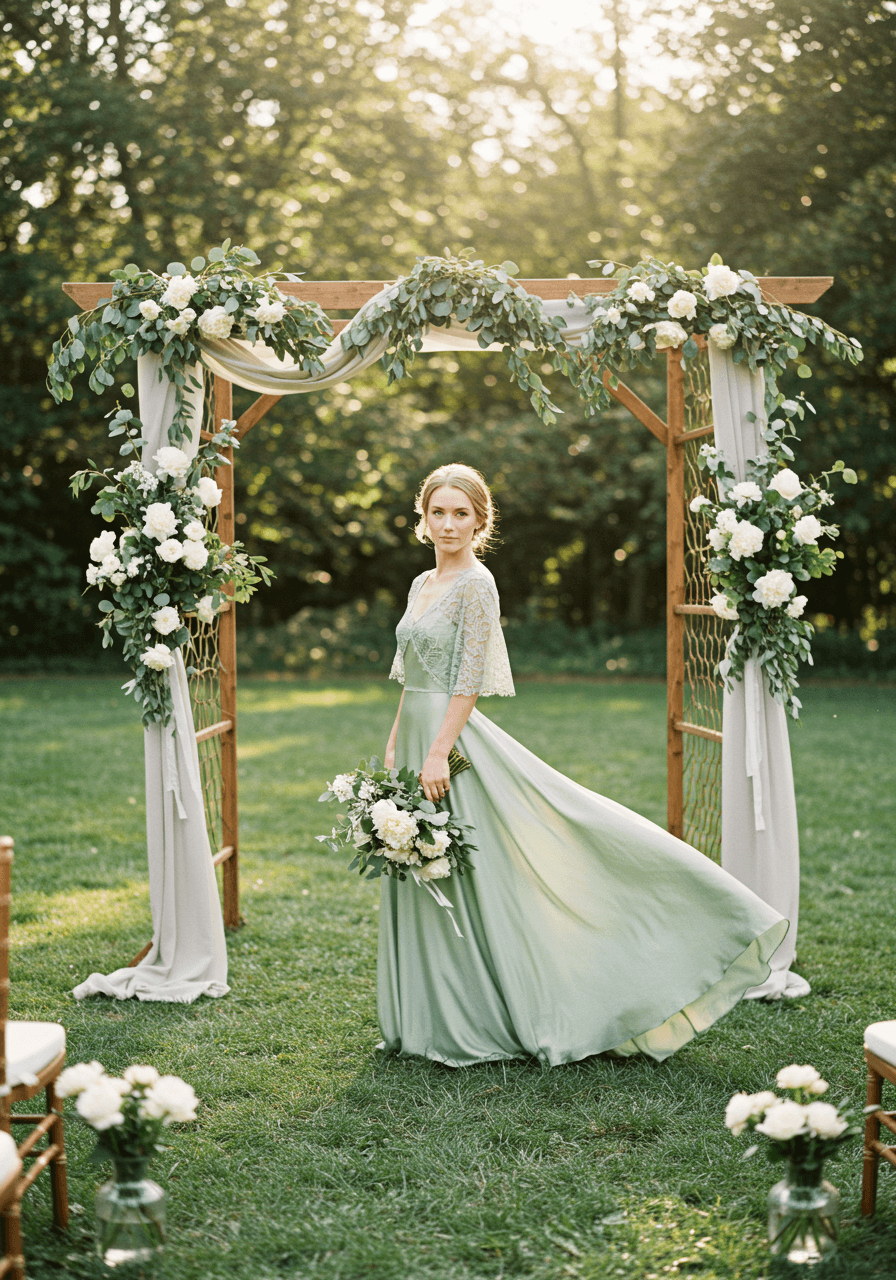 Bride in flowing sage green silk wedding dress beside outdoor altar with eucalyptus garlands in garden setting