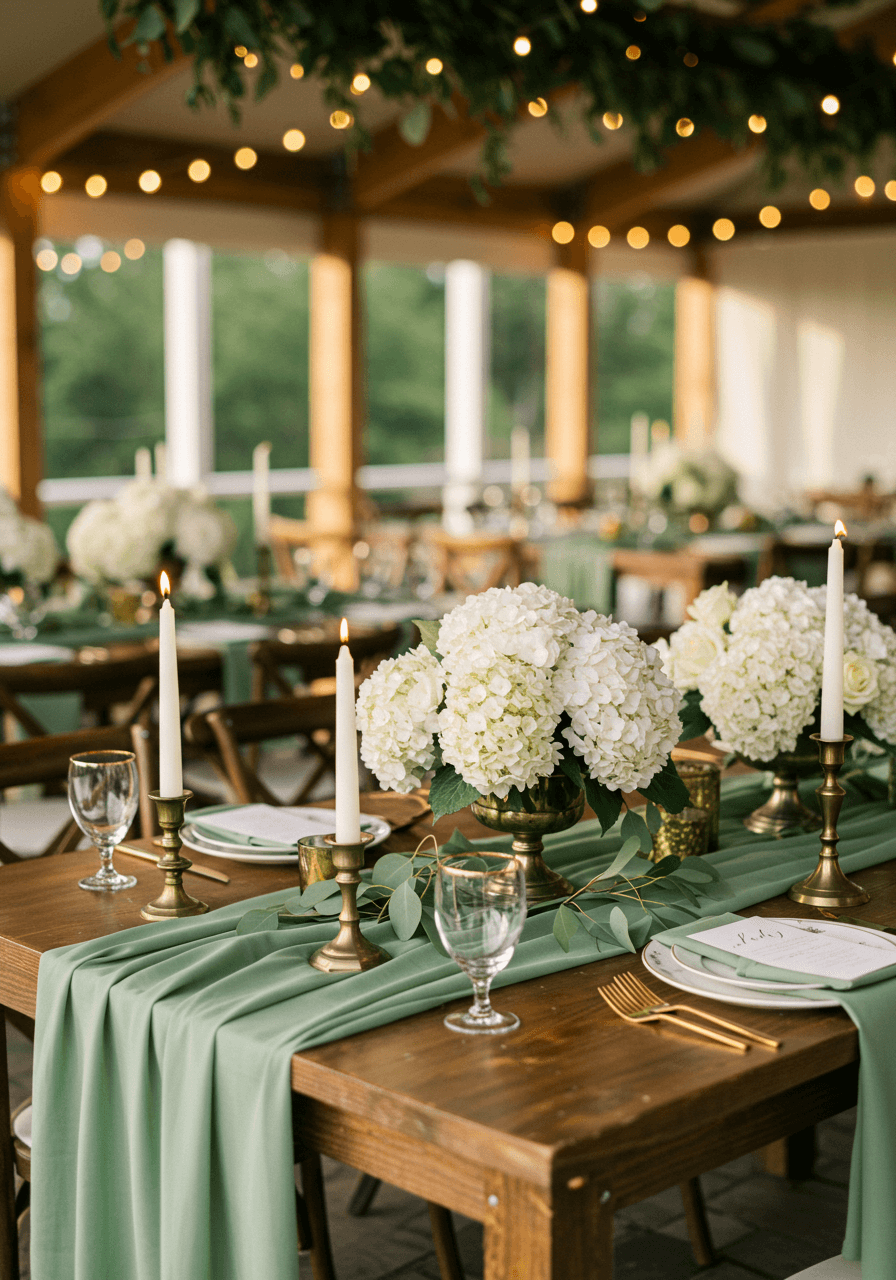 Sage green wedding tablescape with silk runners and white hydrangea centrepieces on rustic wooden farm table