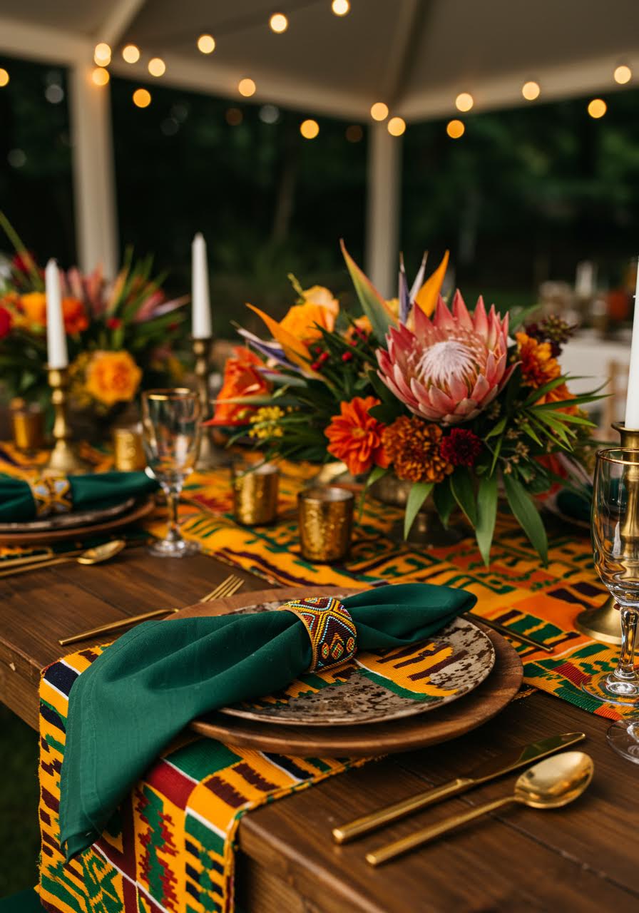 Tropical fusion wedding tablescape celebrating African and Caribbean cultures