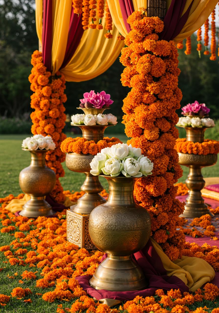 Golden hour multicultural wedding ceremony with elaborate floral decoration