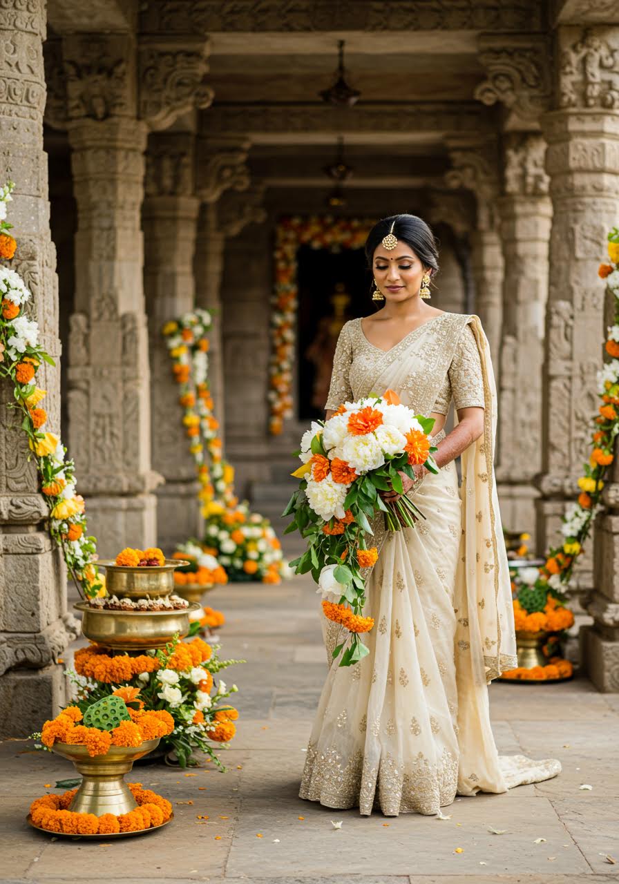 Hindu-Buddhist multicultural bride in fusion attire at temple courtyard