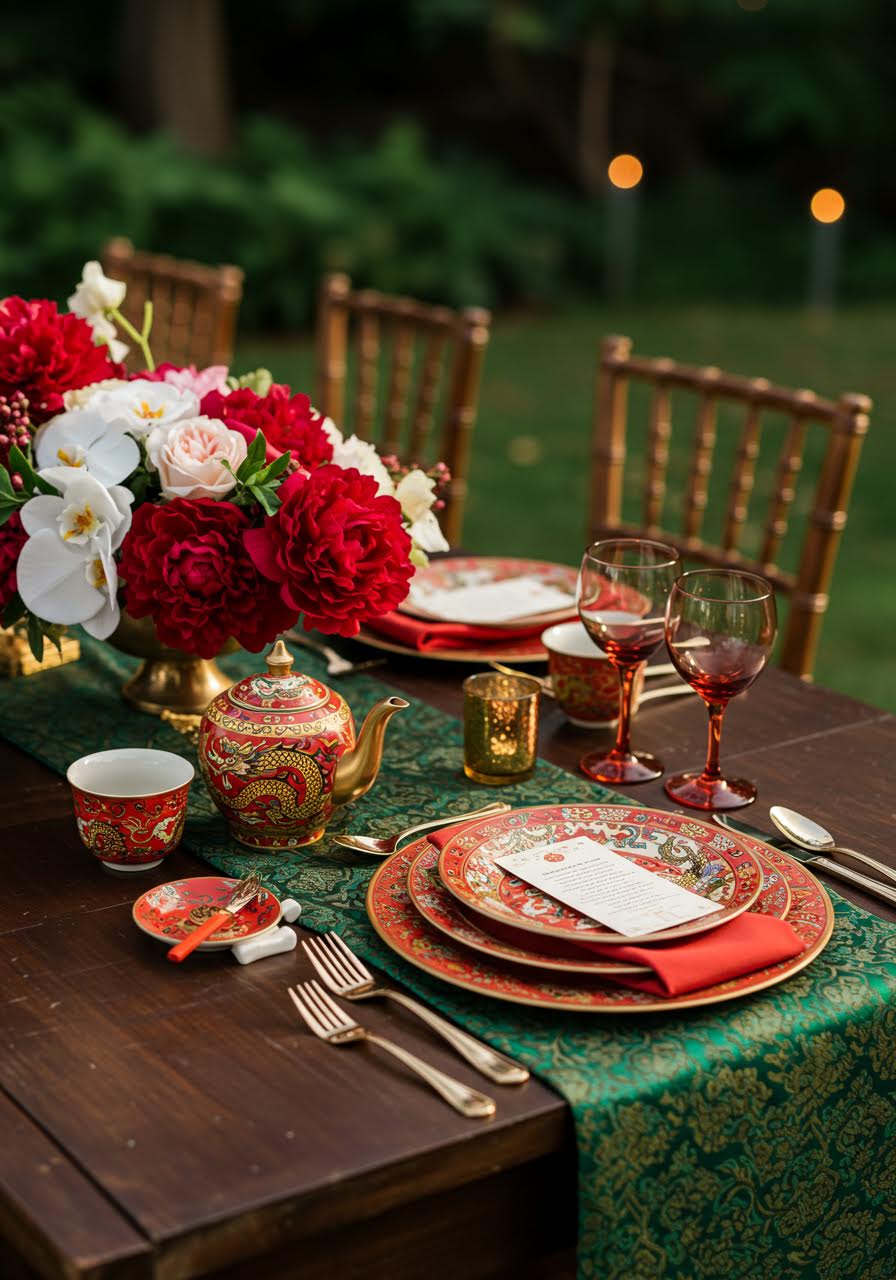 Luxurious Asian fusion wedding tablescapes with traditional elements