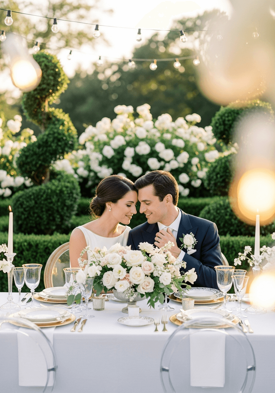 Intimate moment between bride and groom at elegant garden party reception table surrounded by manicured topiaries and white roses