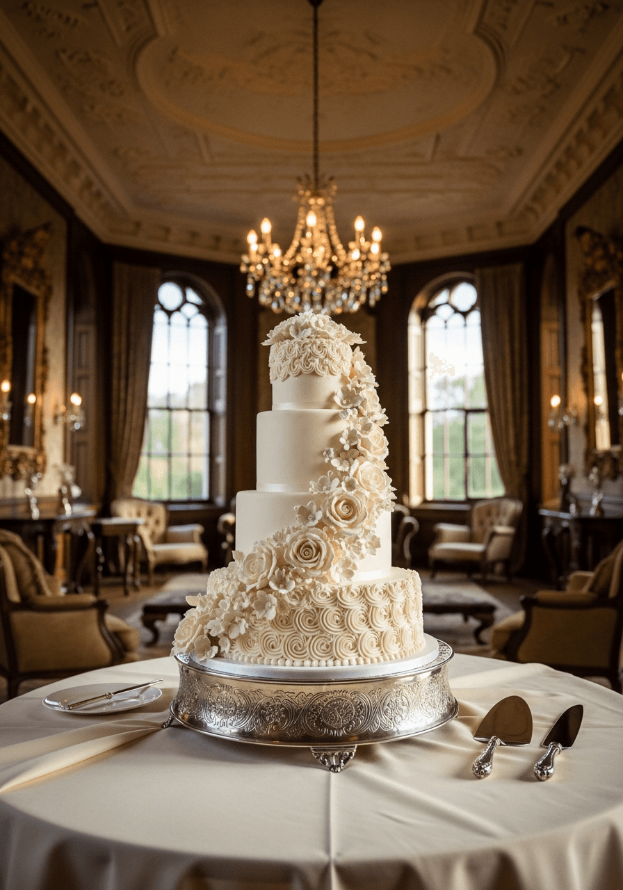 Close-up detail of intricate sugar work and fondant roses on elegant wedding cake with soft golden hour lighting