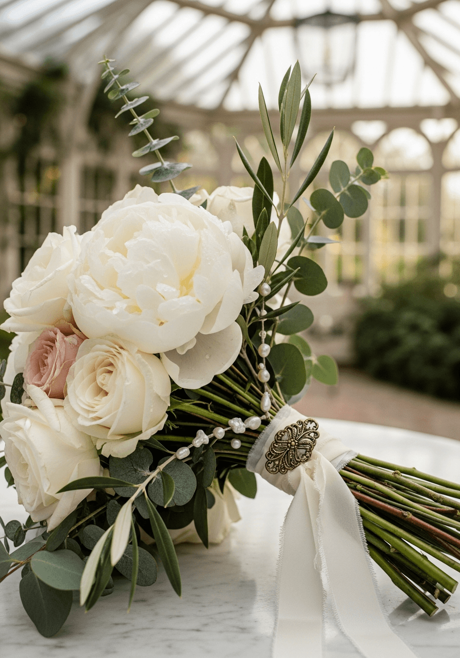 Sophisticated bridal bouquet of white peonies and cream roses with eucalyptus in organic style on marble table in conservatory