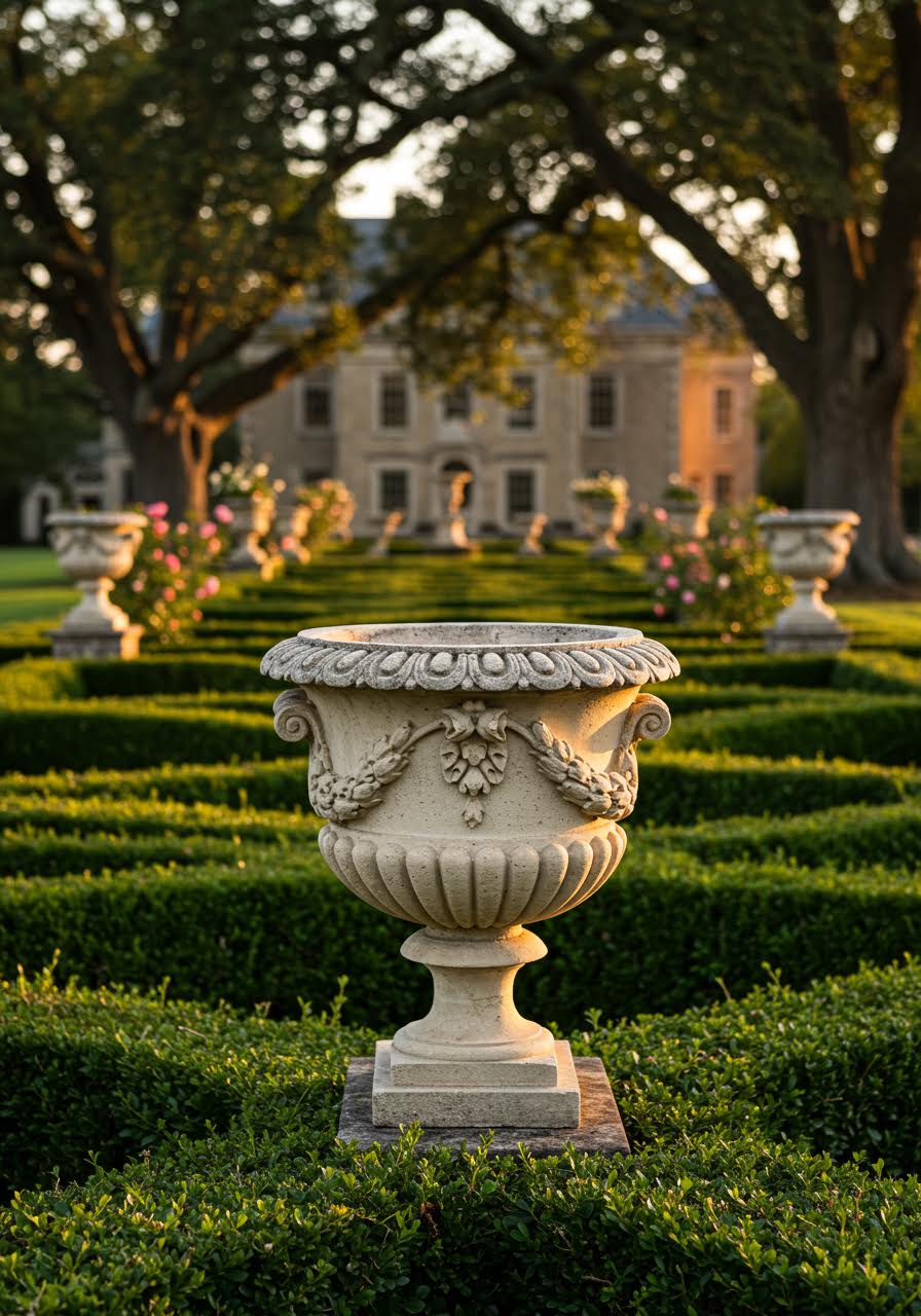 Ornate garden urn surrounded by formal landscaping in golden evening light