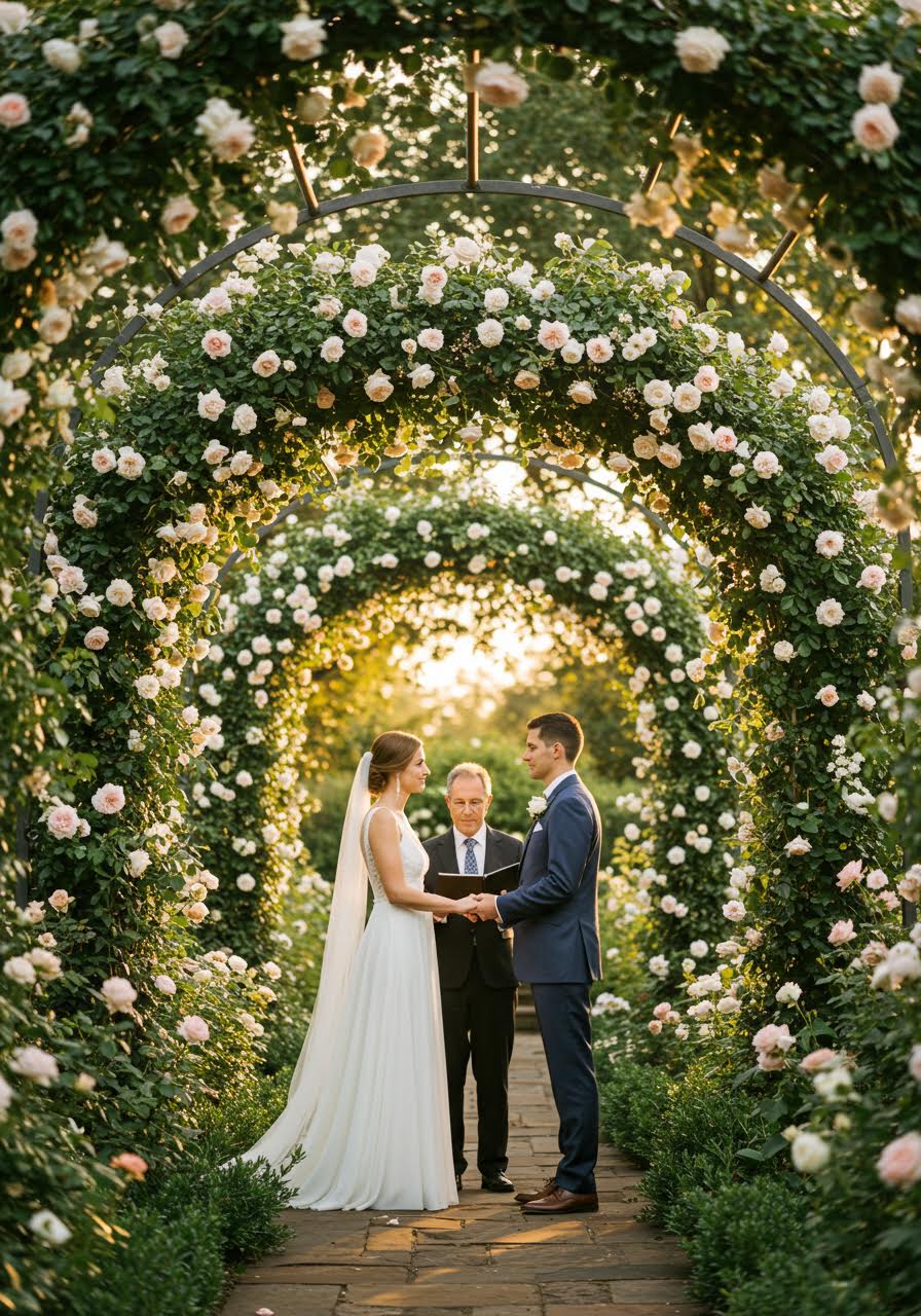 Wide view of garden wedding ceremony with guests seated amongst flowering beds
