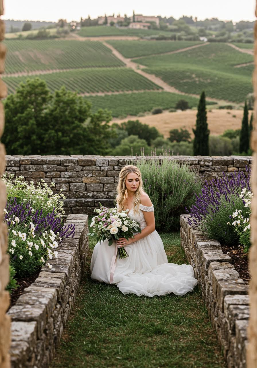 Bride kneeling gracefully in garden setting surrounded by flowering vines
