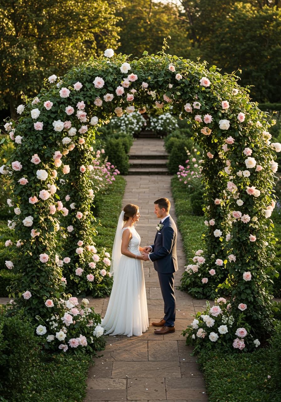 Romantic garden wedding ceremony with golden hour lighting and natural archway