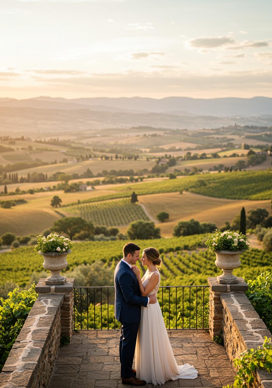 Couple embracing on elevated garden terrace with sweeping countryside views