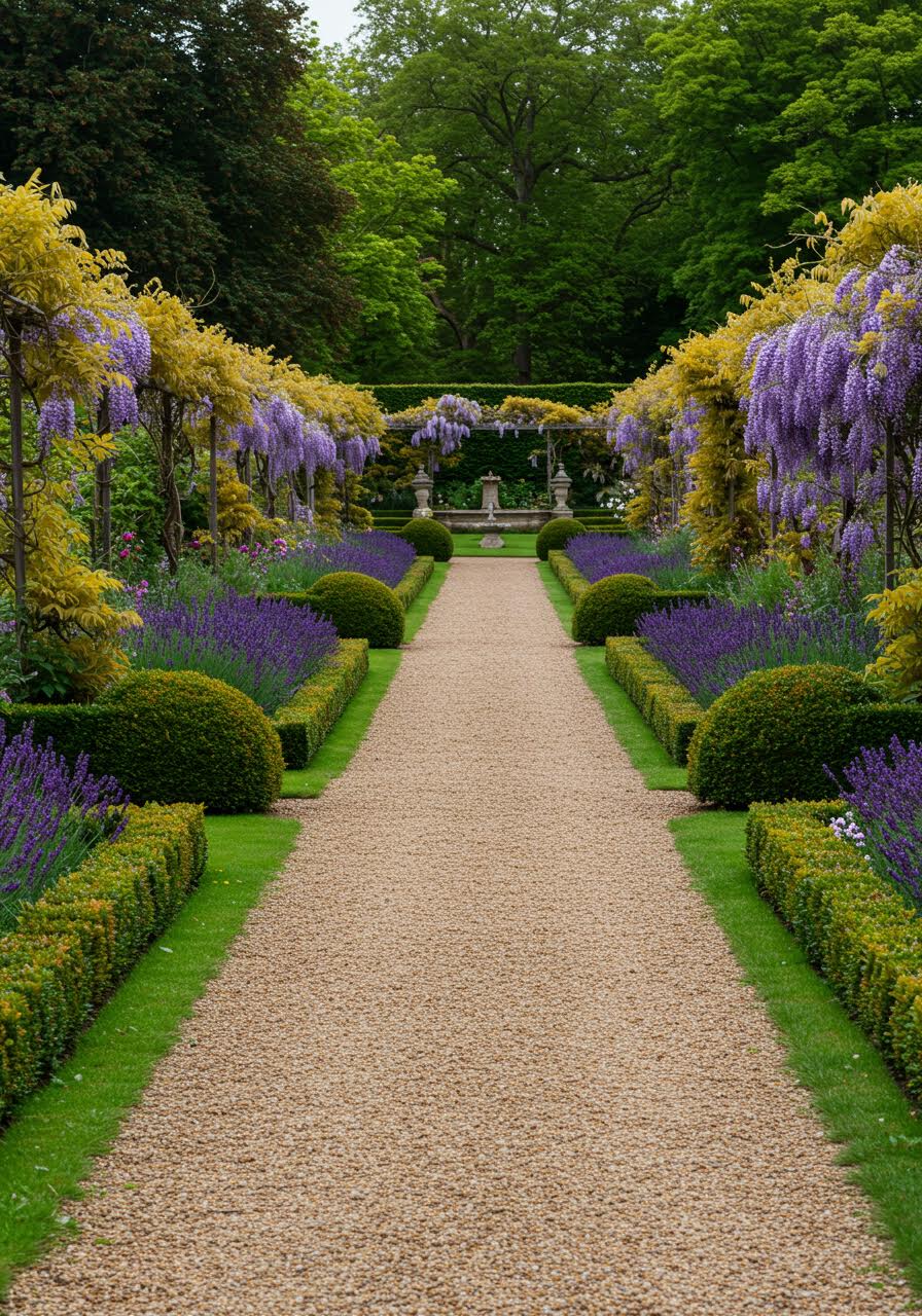 Elegant botanical garden pathway with manicured hedges and wedding couple