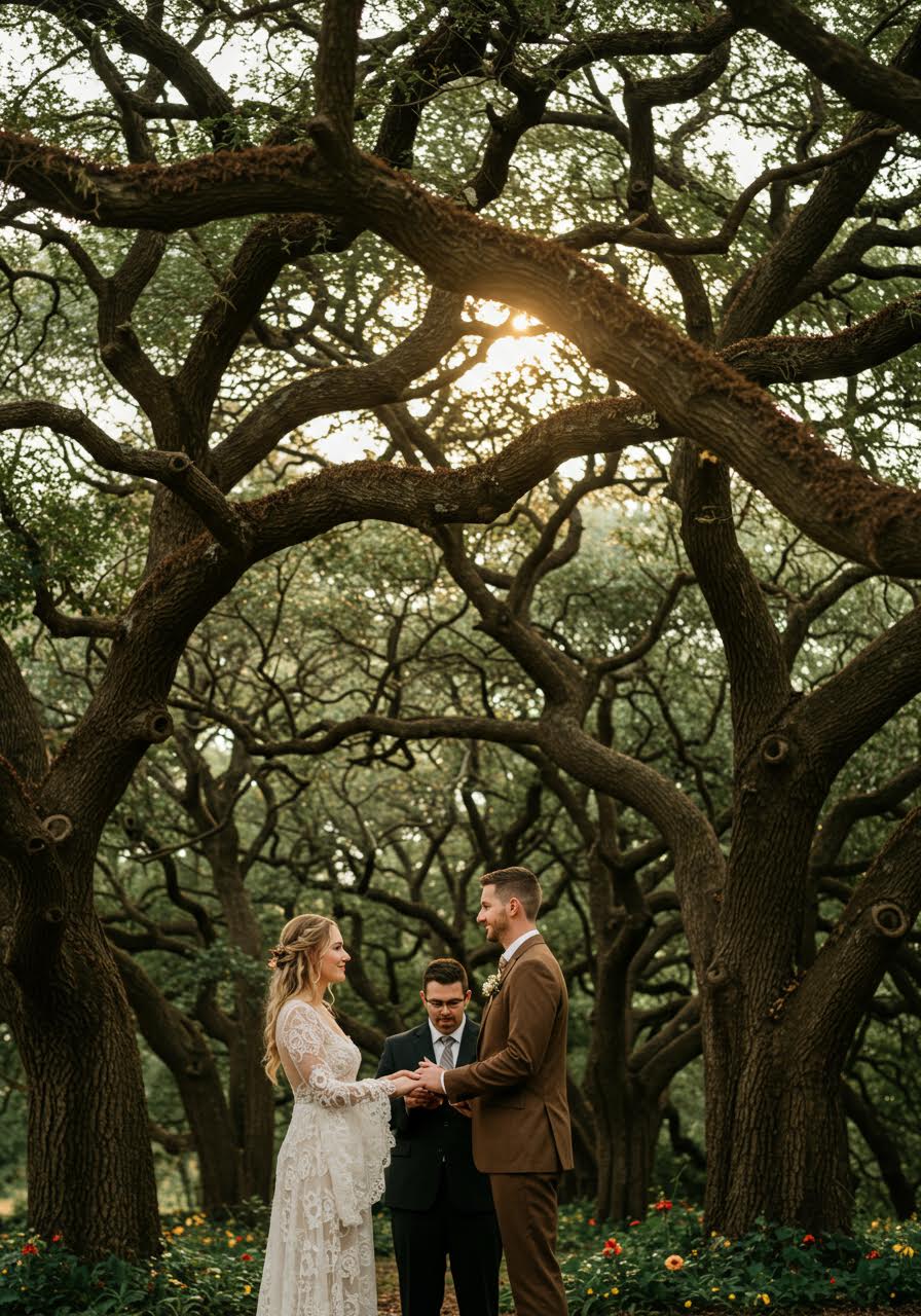 Wedding ceremony beneath ancient oak tree with golden sunset lighting