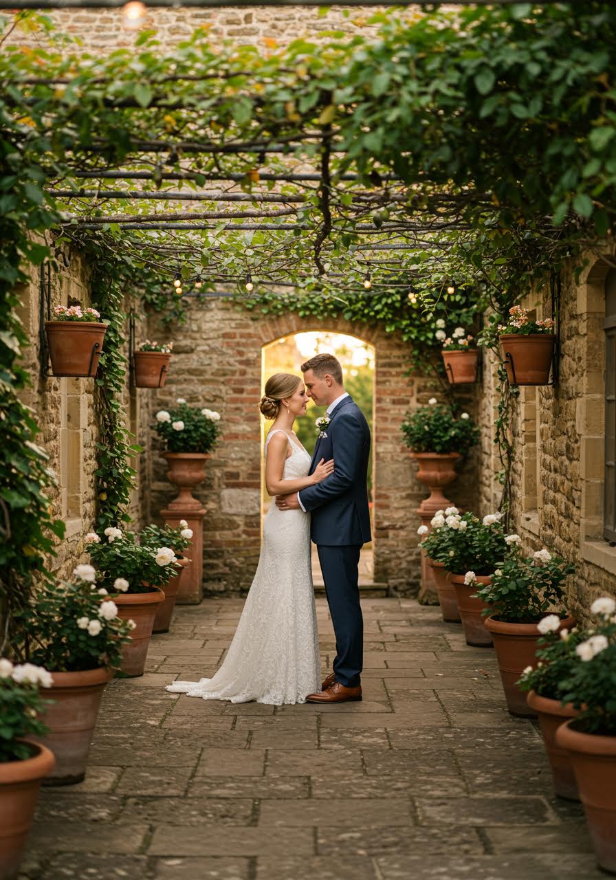 Intimate stone courtyard wedding venue with couple embracing at sunset