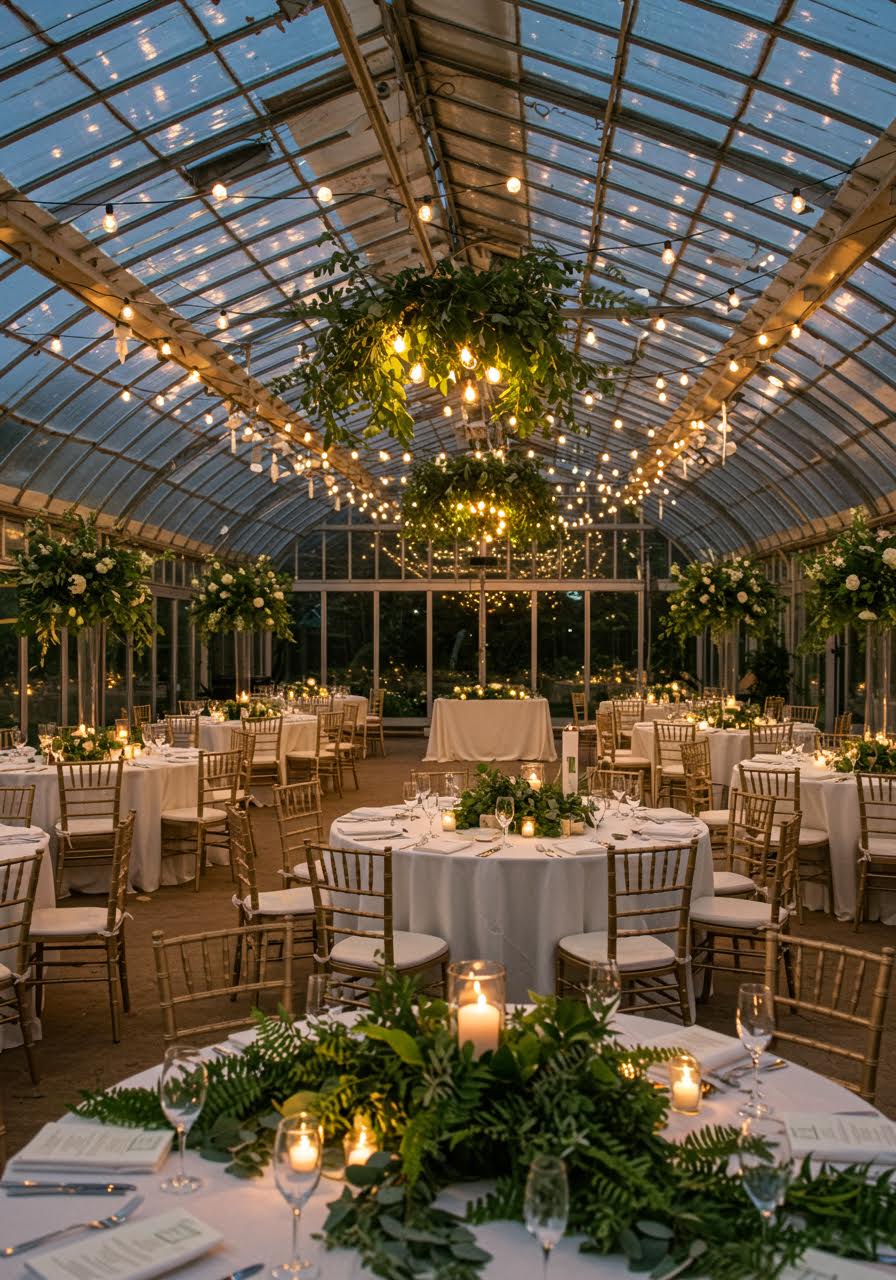 Wide view of elegant greenhouse reception with dining tables among tropical plants