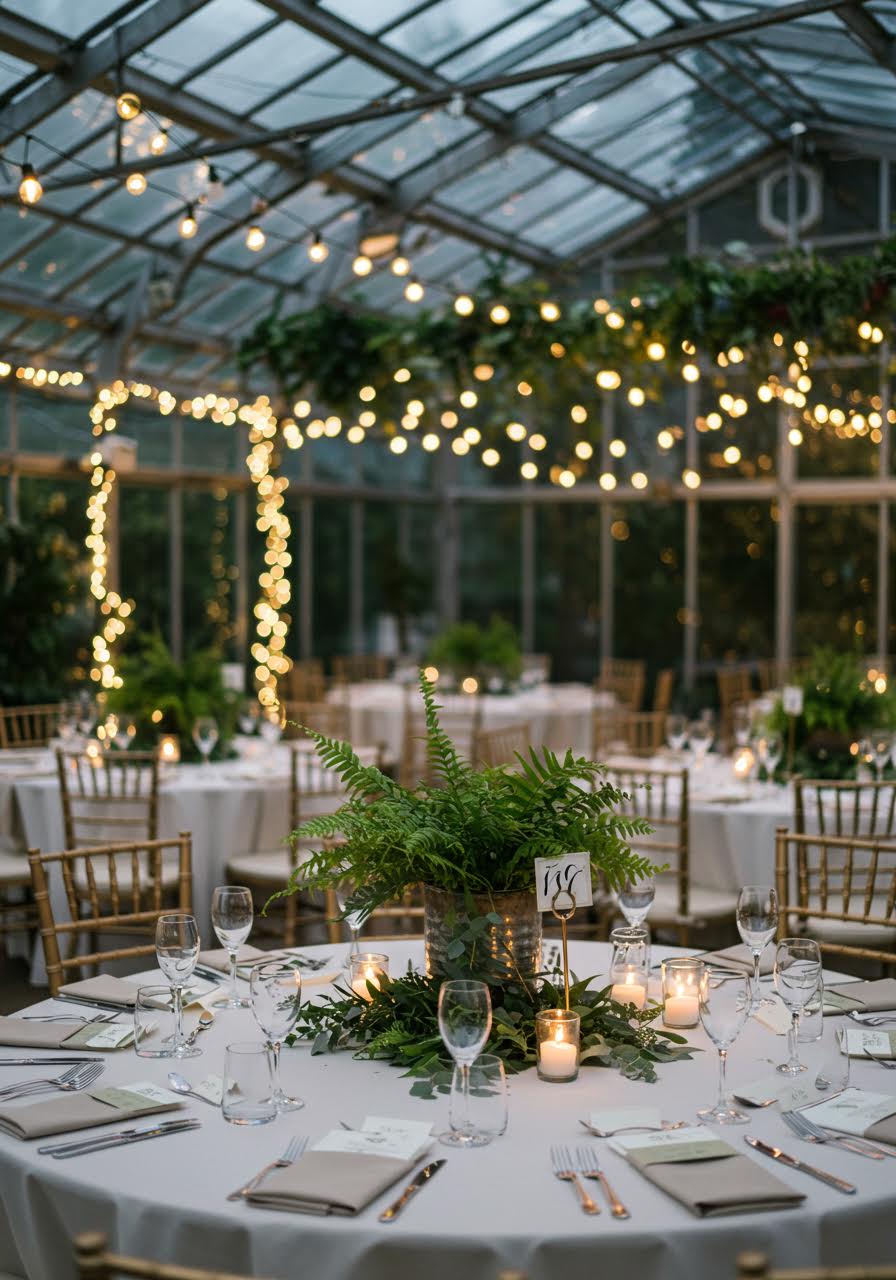Detail of reception table setting surrounded by lush greenhouse plants