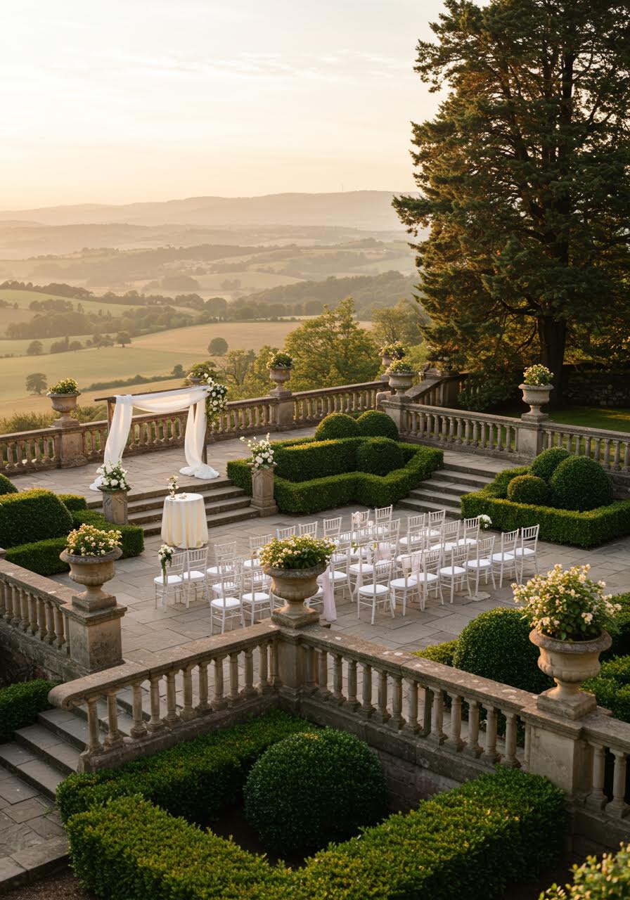 Wide ceremony view on elegant garden terrace overlooking valley landscape