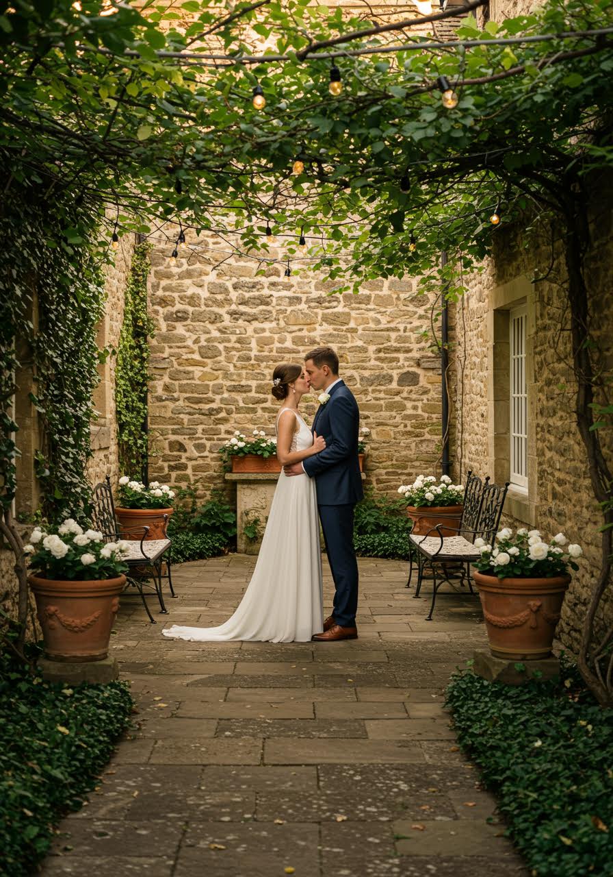 Romantic courtyard portrait with intimate garden setting and natural stone