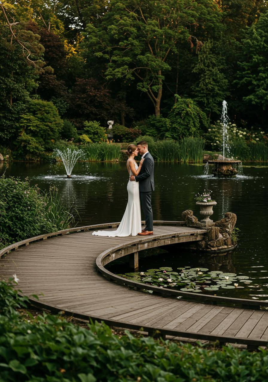 Close intimate embrace on wooden dock overlooking peaceful lake