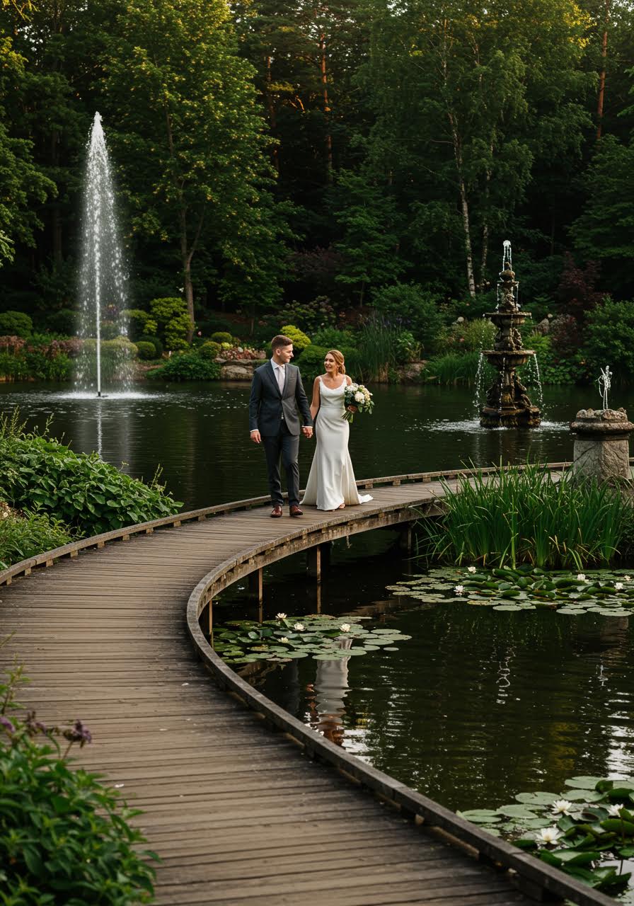 Elegant couple walking along waterfront garden boardwalk at sunset