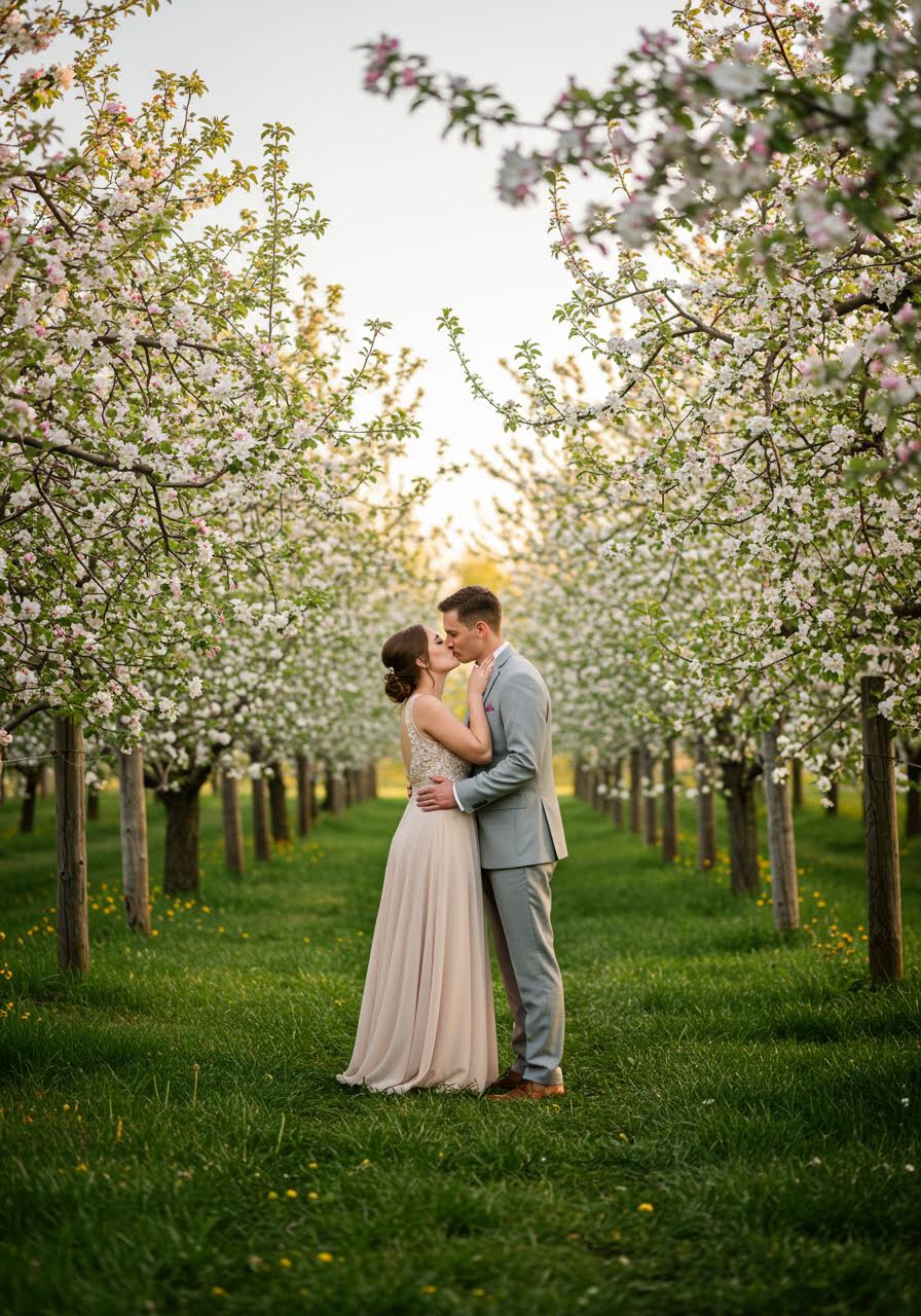 Intimate kiss beneath apple blossom branches in blooming orchard