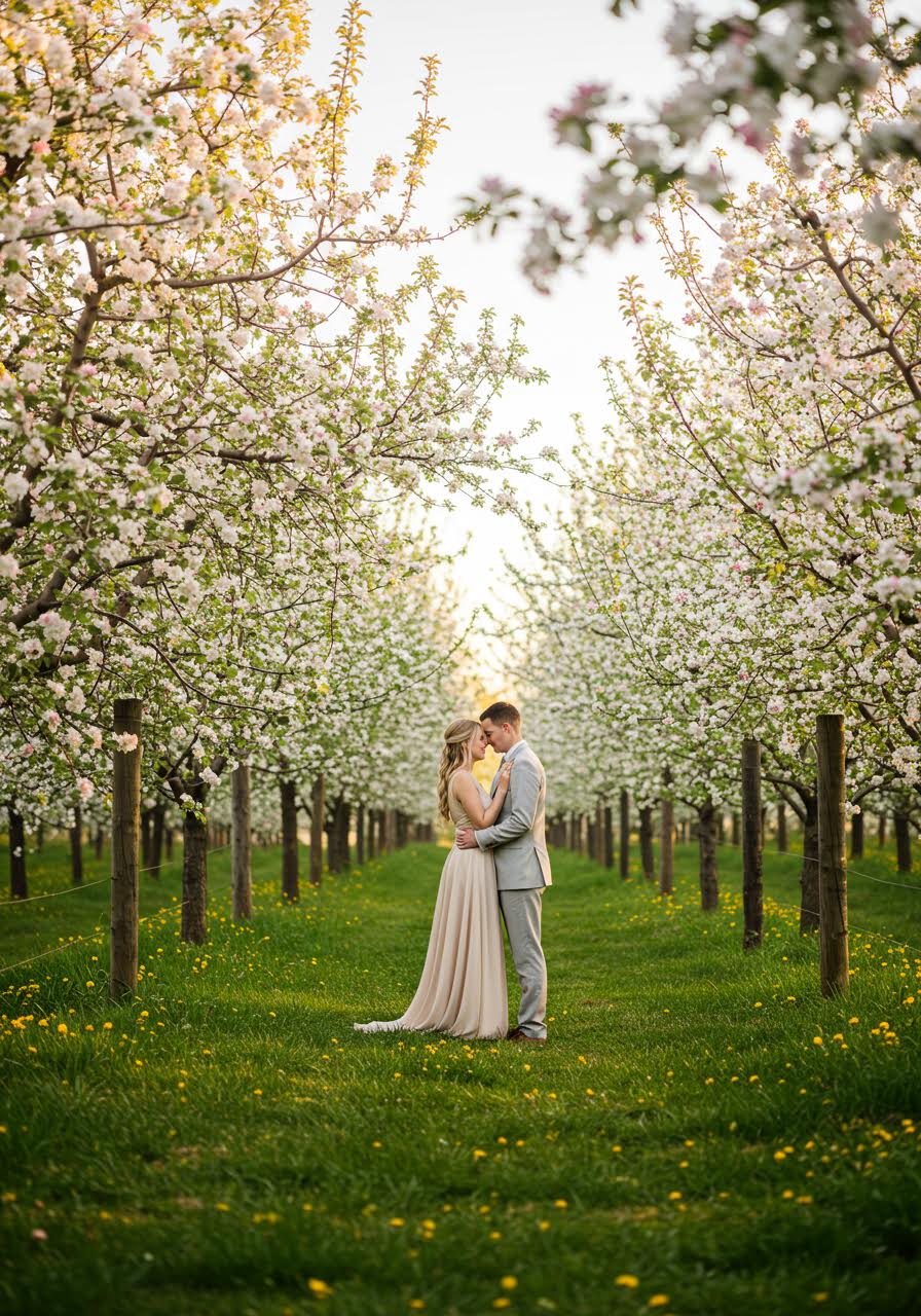 Romantic couple embracing in fruit orchard during golden hour sunlight