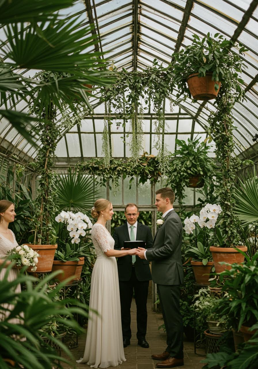 Close view of greenhouse ceremony surrounded by tropical foliage and flowers