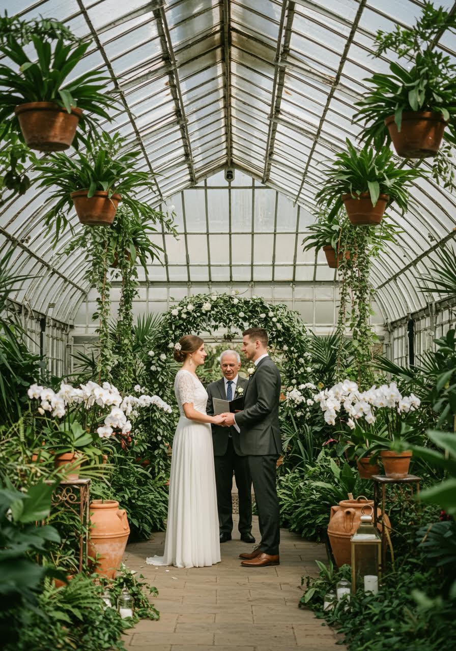 Medium shot of tropical greenhouse wedding ceremony with lush exotic plants