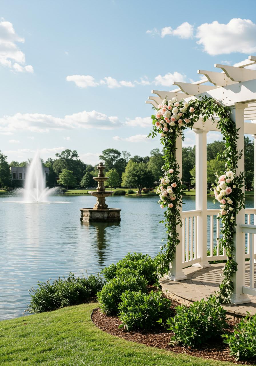 Wide view of elegant lakeside pergola surrounded by water gardens