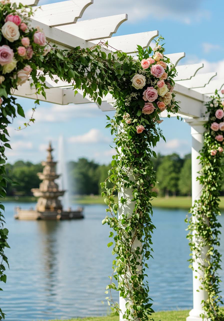 Detail of ivy-covered pergola overlooking tranquil lake setting