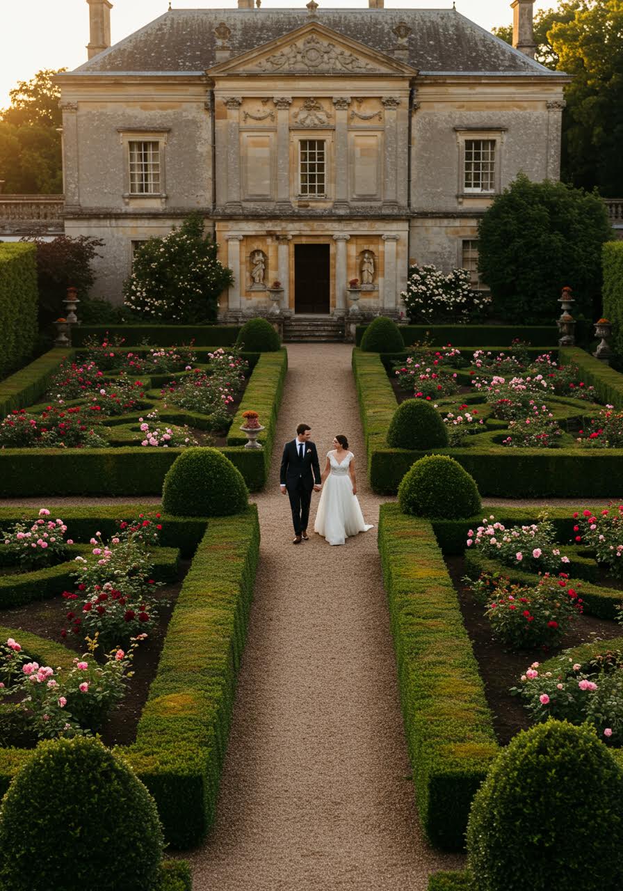 Aerial view of expansive estate gardens with formal layouts and pathways