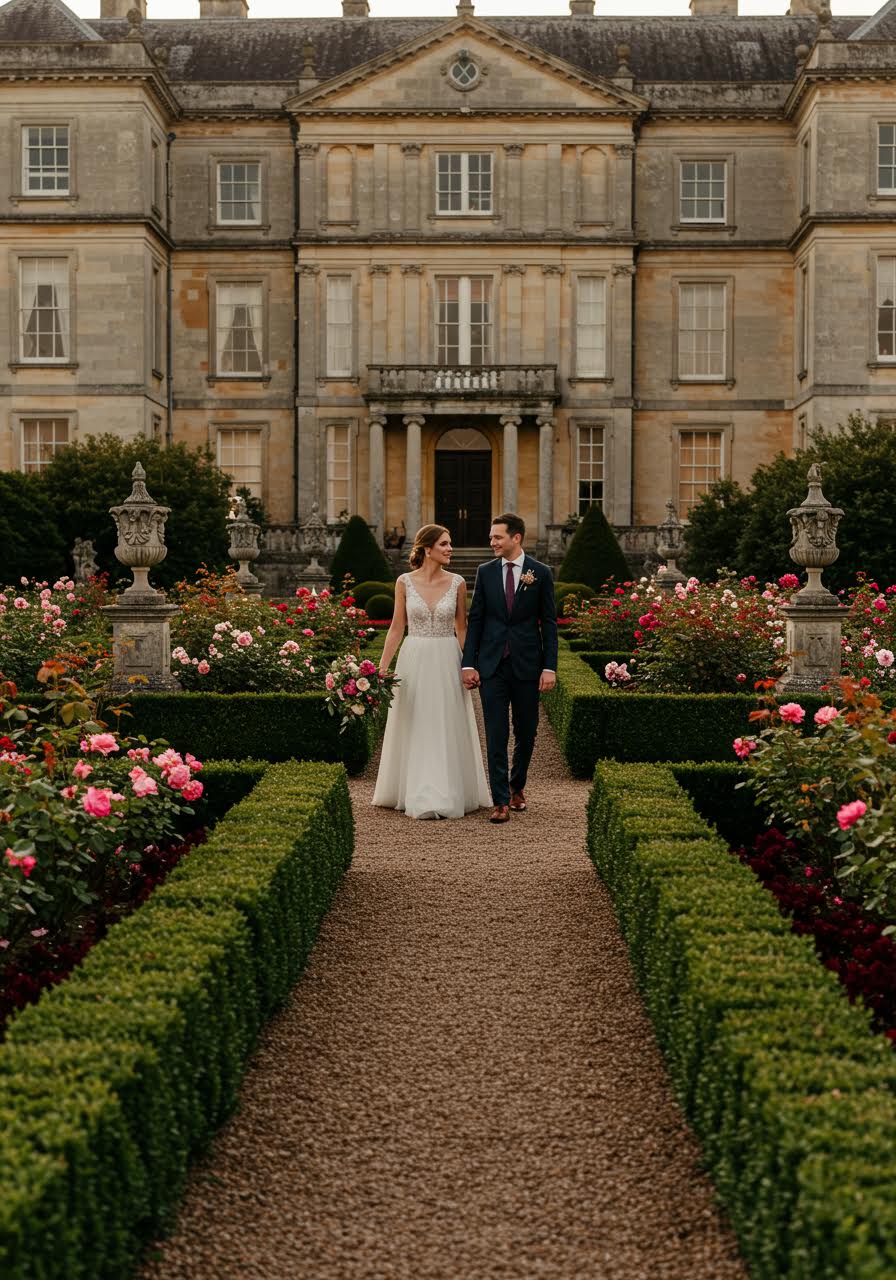 Romantic couple strolling through grand estate gardens with sweeping views