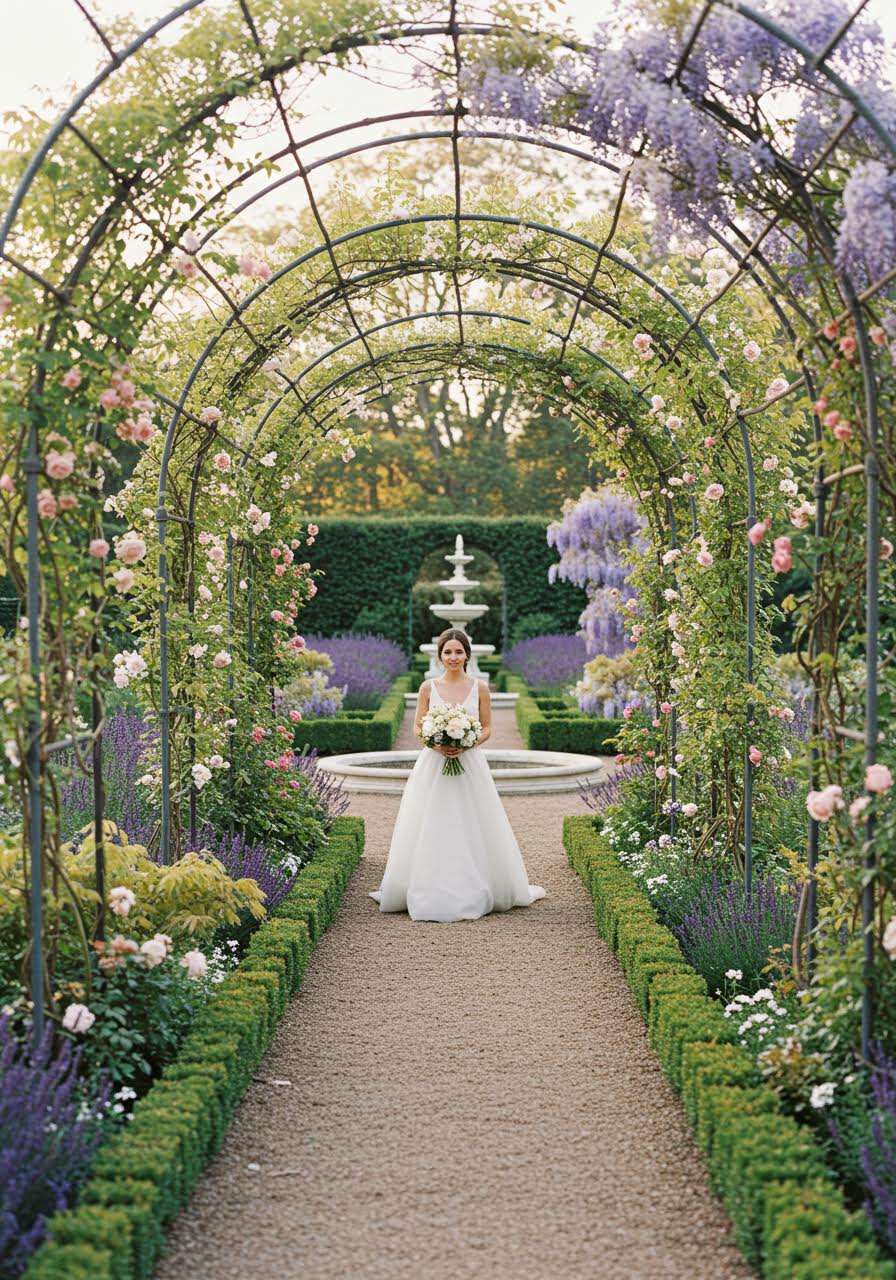 Bride in formal botanical garden with sculptural landscaping and topiaries