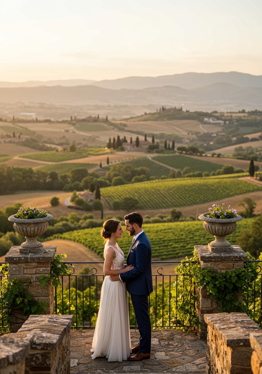 Intimate gaze between couple on terrace overlooking vineyard landscape