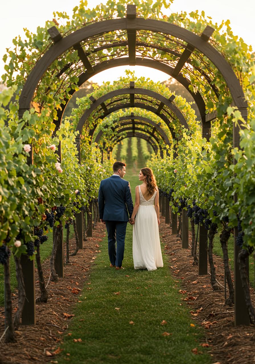 Wedding couple strolling hand in hand through romantic vineyard rows