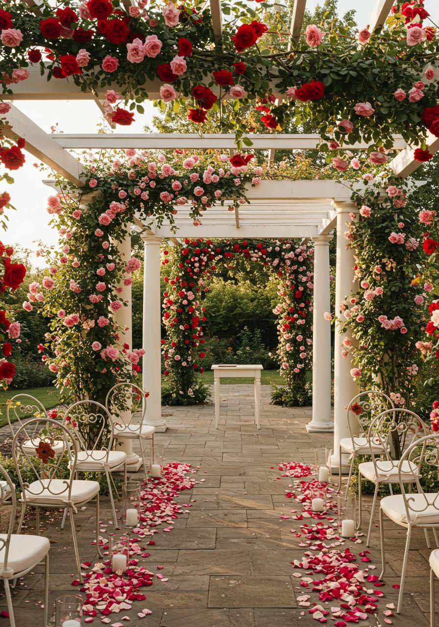 Wide ceremony view in luxury rose garden with flowering pergolas