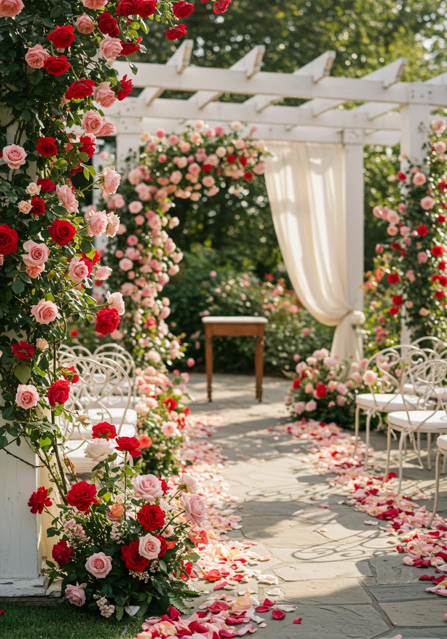 Detailed view of rose-covered pergola creating romantic wedding ceremony backdrop