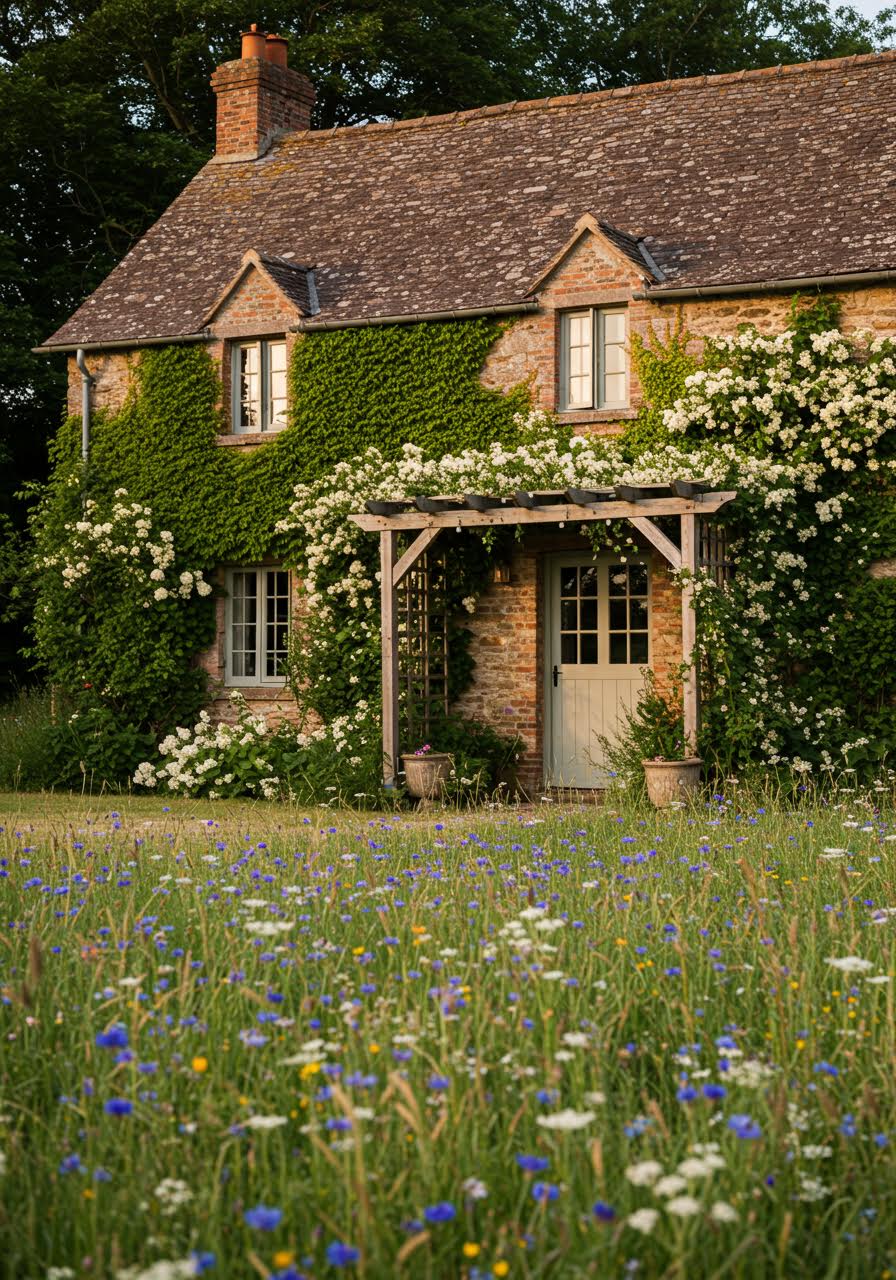 Wide view of rustic cottage surrounded by wildflower meadow for romantic ceremony