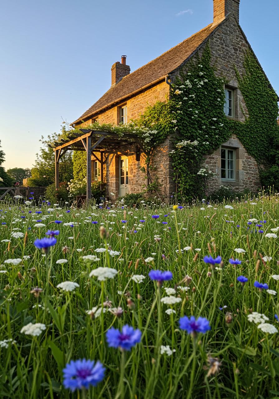 Close view of cottage garden with natural wildflower meadow backdrop