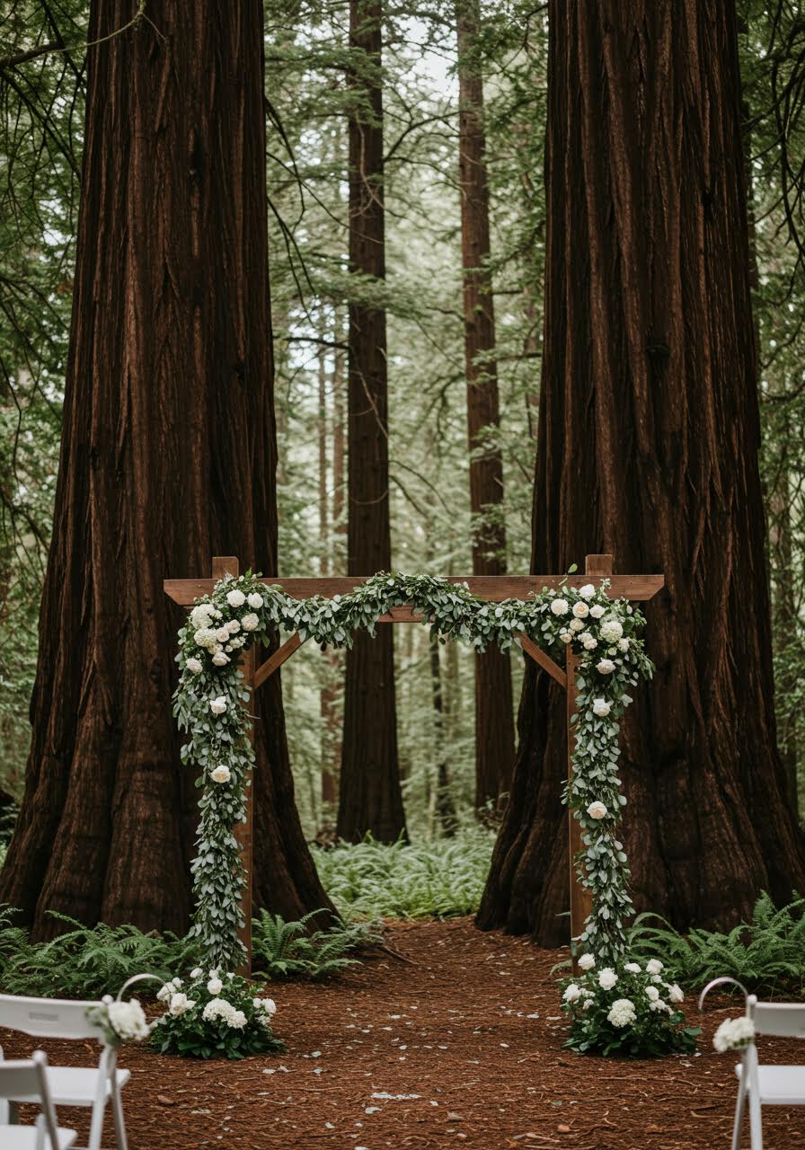 Wide shot of redwood forest wedding ceremony with natural archway