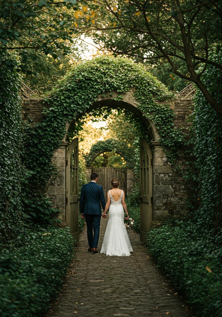 Couple walking through mysterious ivy-covered garden pathway with dappled light