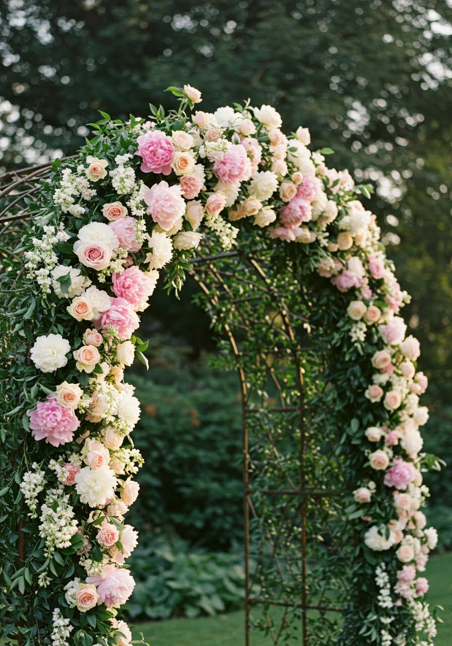 Close-up of elaborate wedding floral archway featuring peonies, roses and jasmine