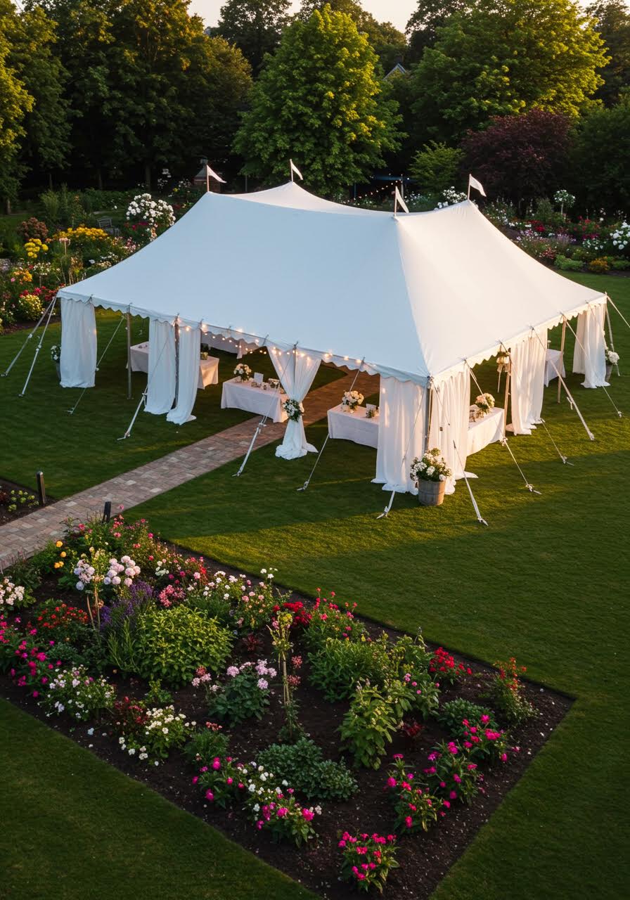 Romantic market tent with twinkling lights and white canvas creating garden party atmosphere