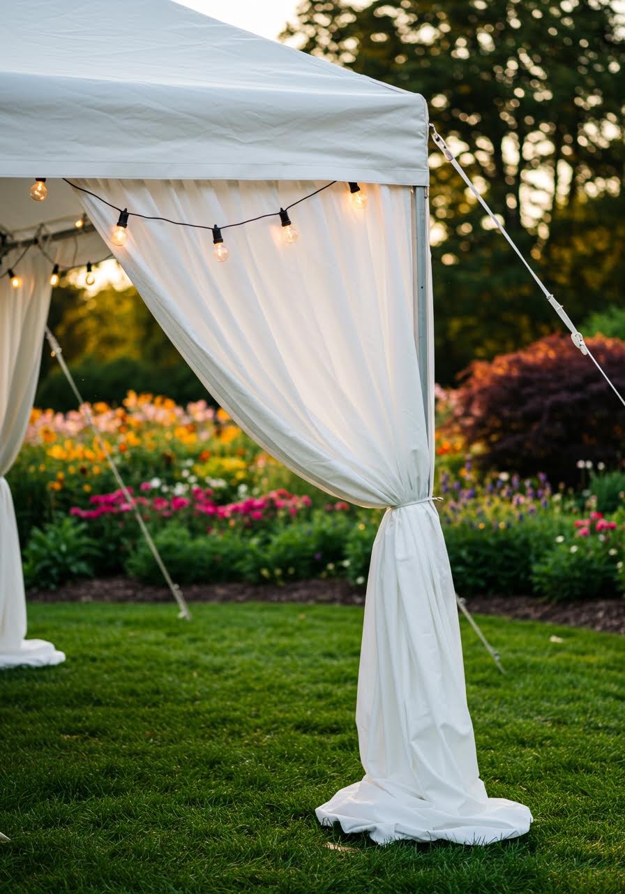 Sophisticated outdoor tent setup with string lights and flowing white panels on manicured lawn