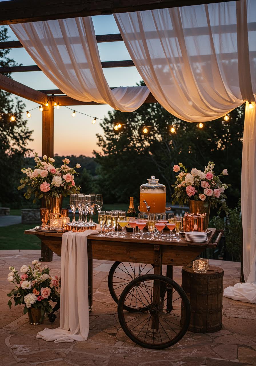 Outdoor beverage station with vintage glassware under fabric-draped pergola during romantic evening lighting