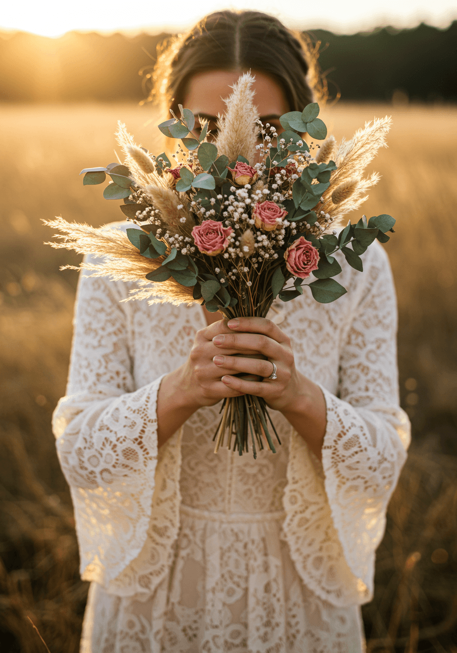 Three-quarter shot of bride with dried flower bouquet in golden meadow setting during late afternoon light