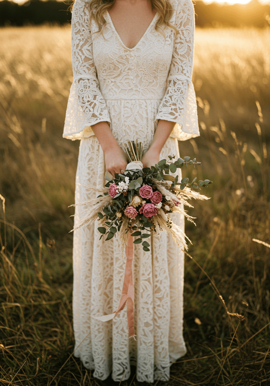Bohemian bride holding small dried eucalyptus and pampas grass bouquet in flowing lace dress in sunlit meadow