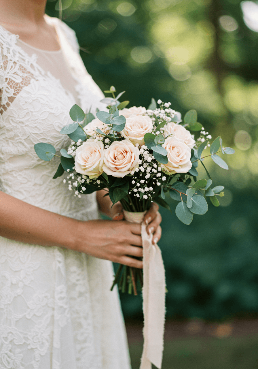 Detail shot of varied texture bridal bouquet with lace sleeves visible in outdoor garden setting with natural lighting