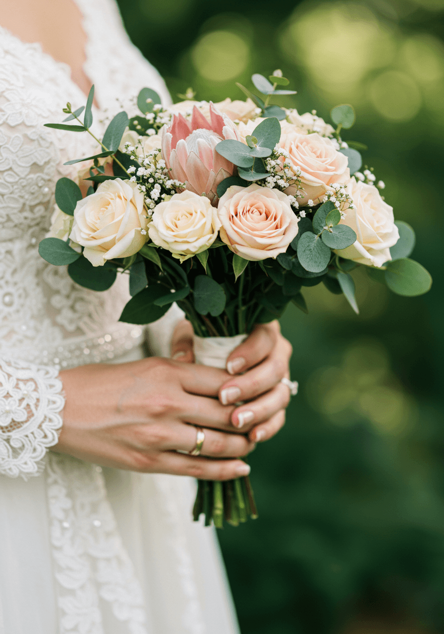 Close-up of hands holding small textured bouquet with mixed roses, eucalyptus and baby's breath in ivory and blush tones